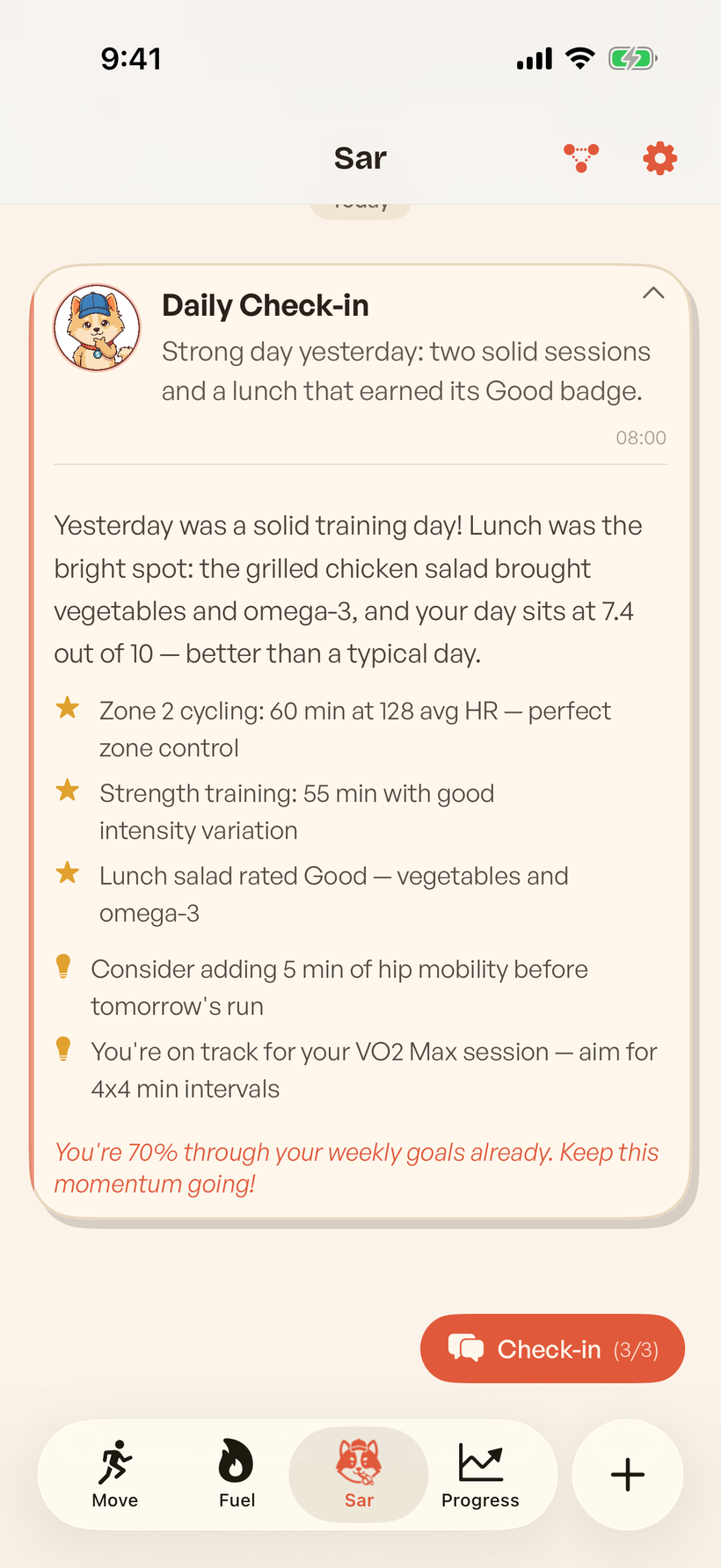 Sar's daily check-in in Sarvita, crediting the grilled chicken salad that earned a Good badge and putting the day at 7.4 out of 10